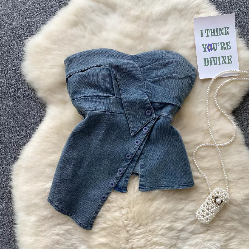 Y2K-Jean Crop Top Chic Sans Bretelles