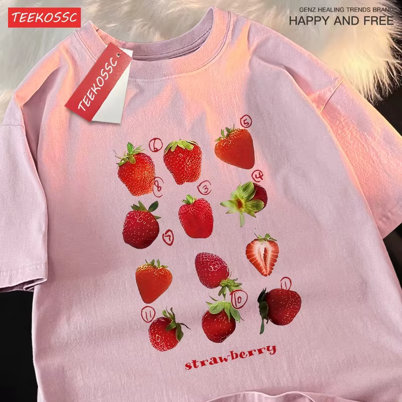 12 Types fraise impression hommes femmes 100% coton t-shirts mode d'été Harajuku lâche