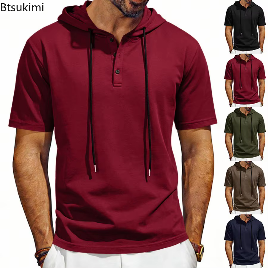 T-shirt à capuche confortable à manches courtes pour homme 2026 – Col Henley