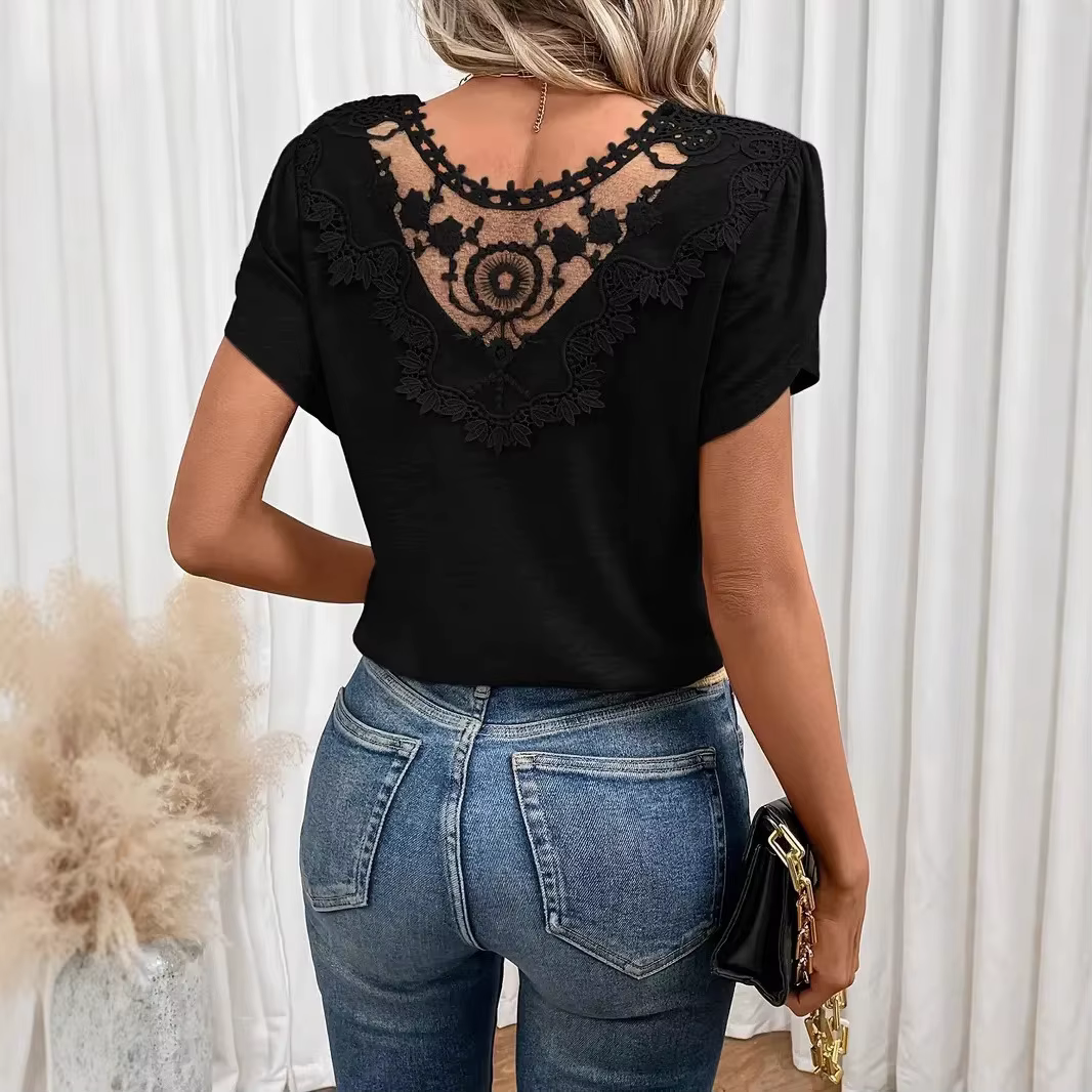 T-shirt femme 2026, nouvelle mode, col en V, double couche, manches courtes à volants, ajouré, vêtements pour femmes