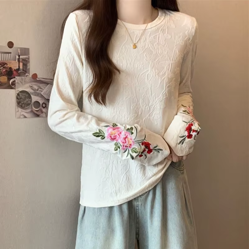 Femmes Style chinois T-shirt broderie Jacquard coupe ample haut printemps automne col rond blouse décontractée pour corps courbé