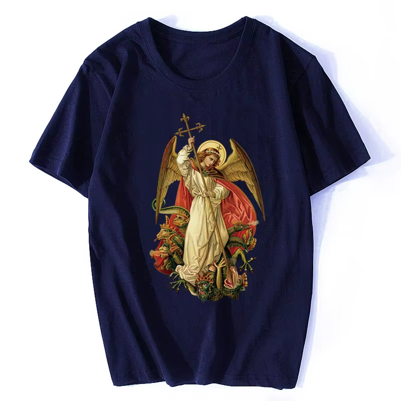 Saint Michael détruire le diable catholique chrétien T-shirt hommes coton à manches courtes