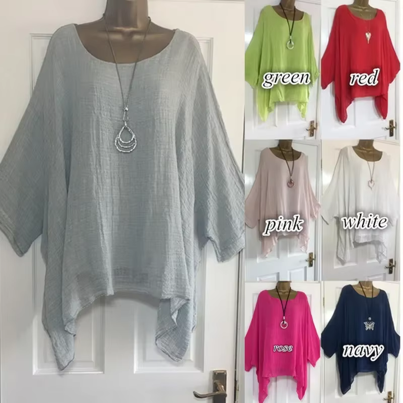 2024 femmes t-shirts grande taille 5XL T-Shirt lin col rond décontracté chemise ample été automne nouveau solide chauve-souris à manches longues